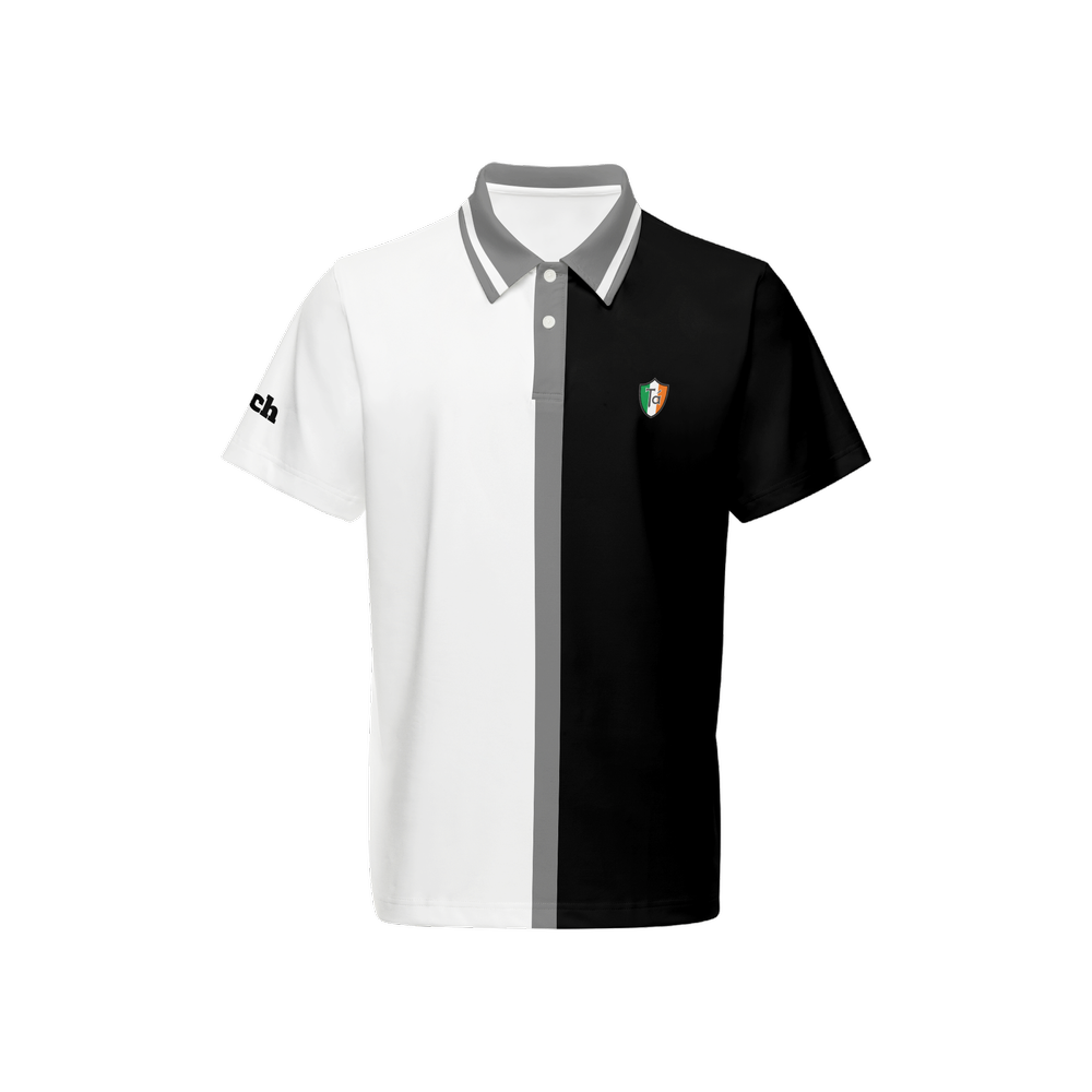 "Tá" iScratch Men’s Classic Fit Short-Sleeve Polo. 84% Recycled polyester & 16% spandex.